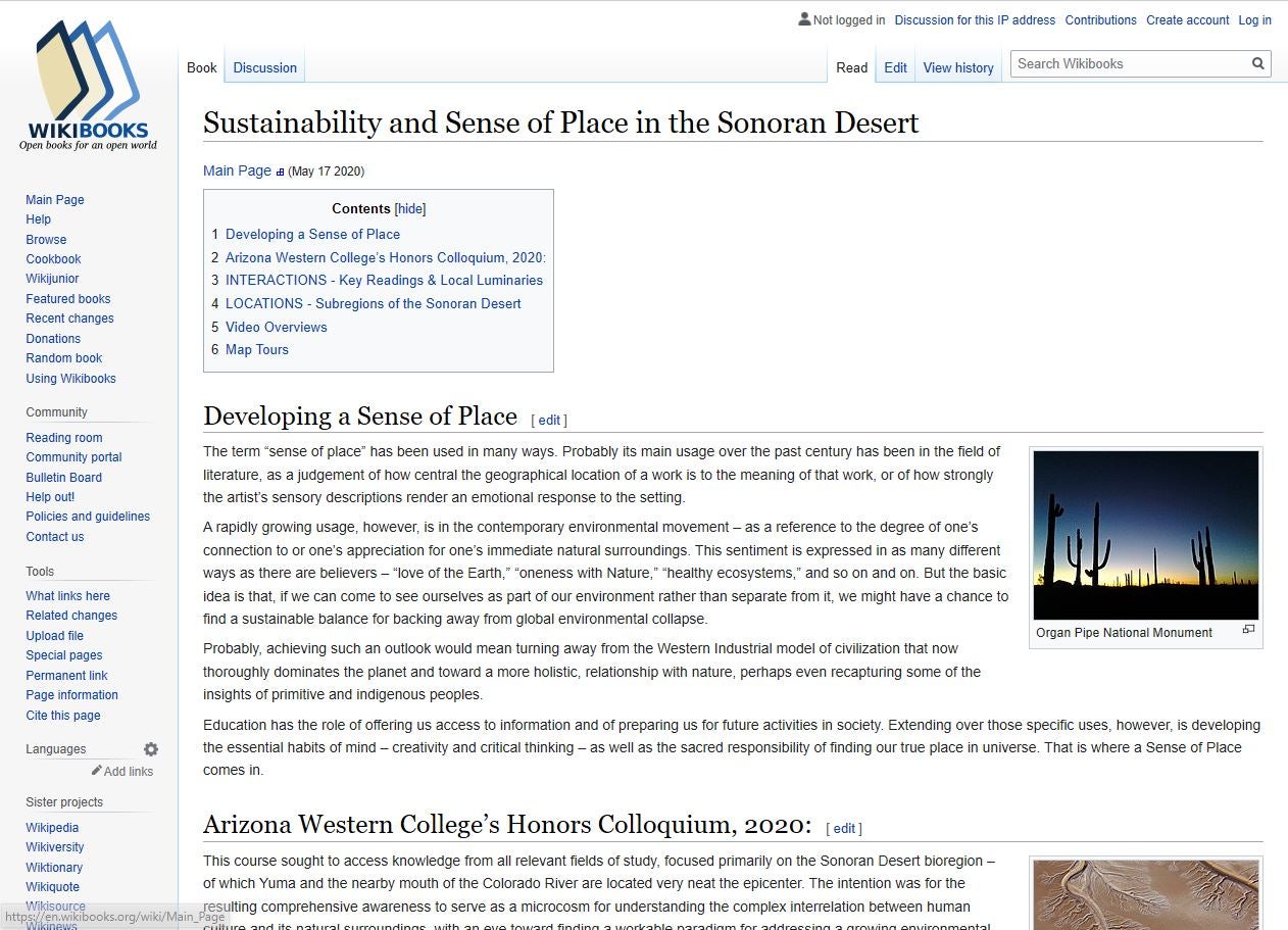 A screen capture of a wikipedia page that was created for the colloquium project. It is called Sustainability and Sense of Place in the Sonoran Desert