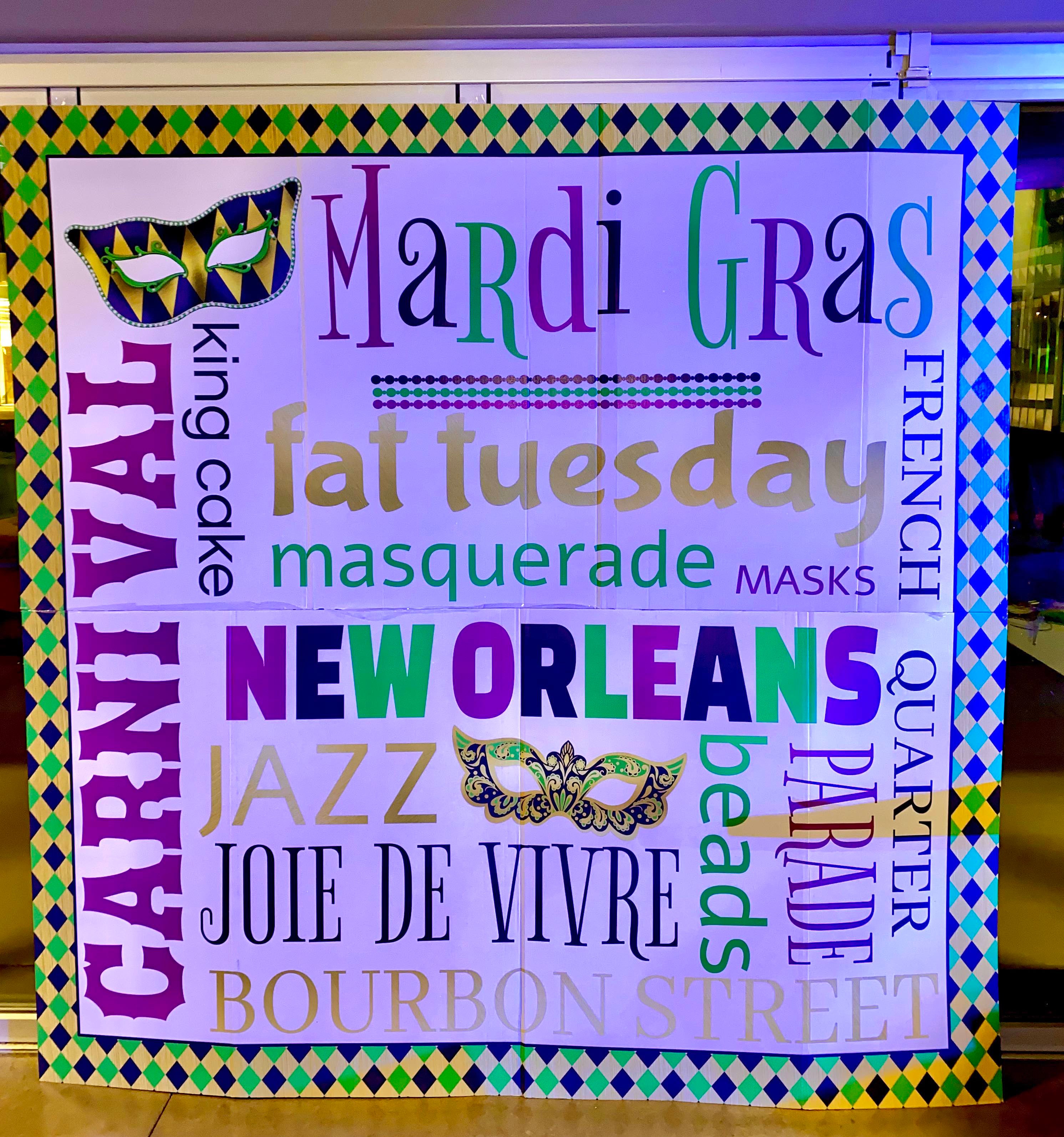 a mardi gras themed banner filled with text phrases like "new orleans," "fat tuesday," & "masquerade"