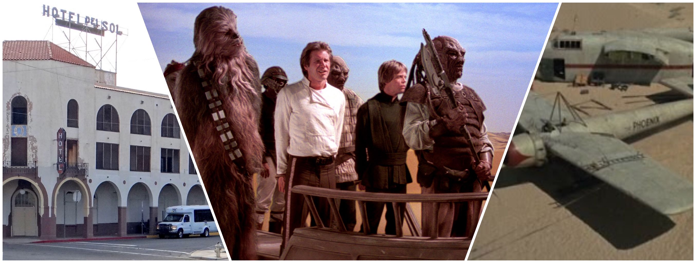 Images of a few Yuma locations in film. From left to right: Hotel Del Sol from "The Getaway," desert from "Star Wars," and more desert from "Flight of the Phoenix" collage of 3 images featuring a local historical hotel, Star Wars characters in a desert, and a crashed plane in the desert.