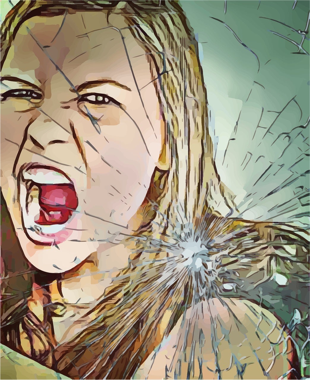 A picture edit of a blonde woman yelling is overlaid with a broken glass 