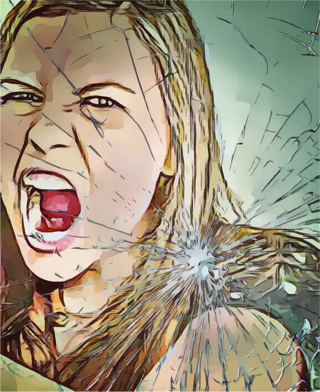 Artwork by prettysleepy, Pixabay.com A picture edit of a blonde woman yelling is overlaid with a broken glass