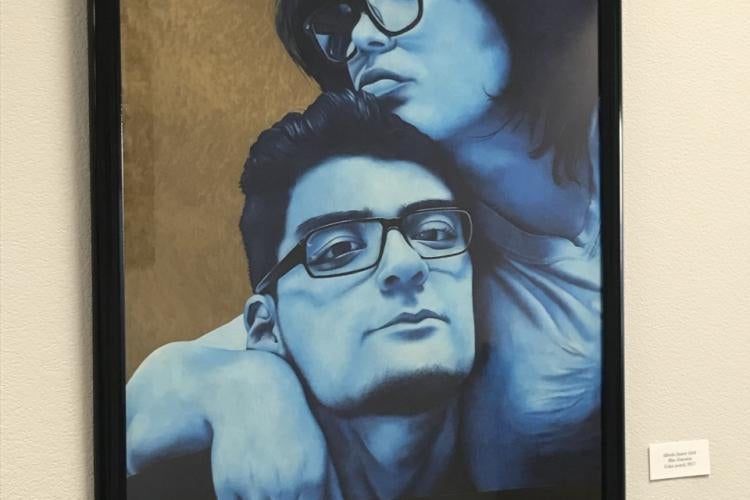 Painting of two people with glasses--one appearing masculine and one feminine--in blue